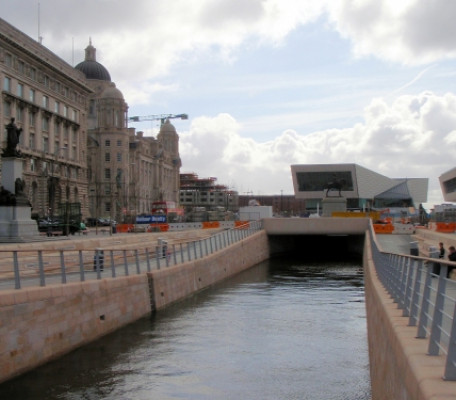 Newly opened Leeds Liverpool Canal Link via the Pierhead to the Albert Dock