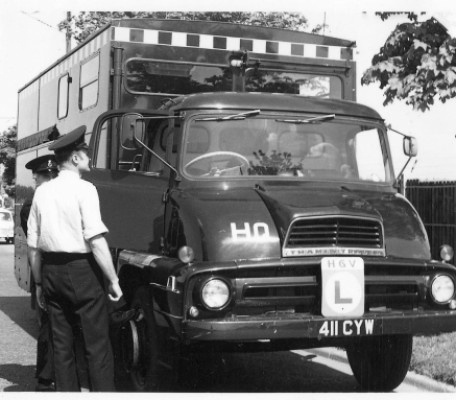 This ex Mobile Column Command Vehicle, 411 CYW was bought in 1972 by Liverpool and Bootle Constabulary for Class III. Driver Training. It is a Thames Trader, registered in late 1961 early 1962. Tony Roach Collection