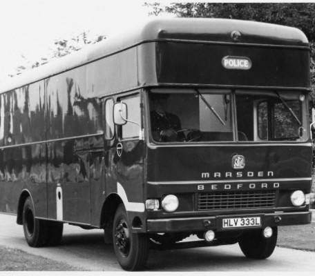 Picture of a 1973 Prison Van HLV 333 L. It is based on a Bedford chassis and has a body built by Marsdens of Warrington. Photo supplied by Tony Roach